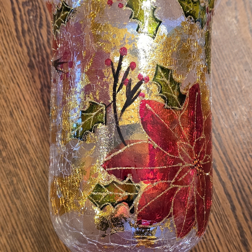 Festive Holiday Glass Vase with Red Poinsettia Design